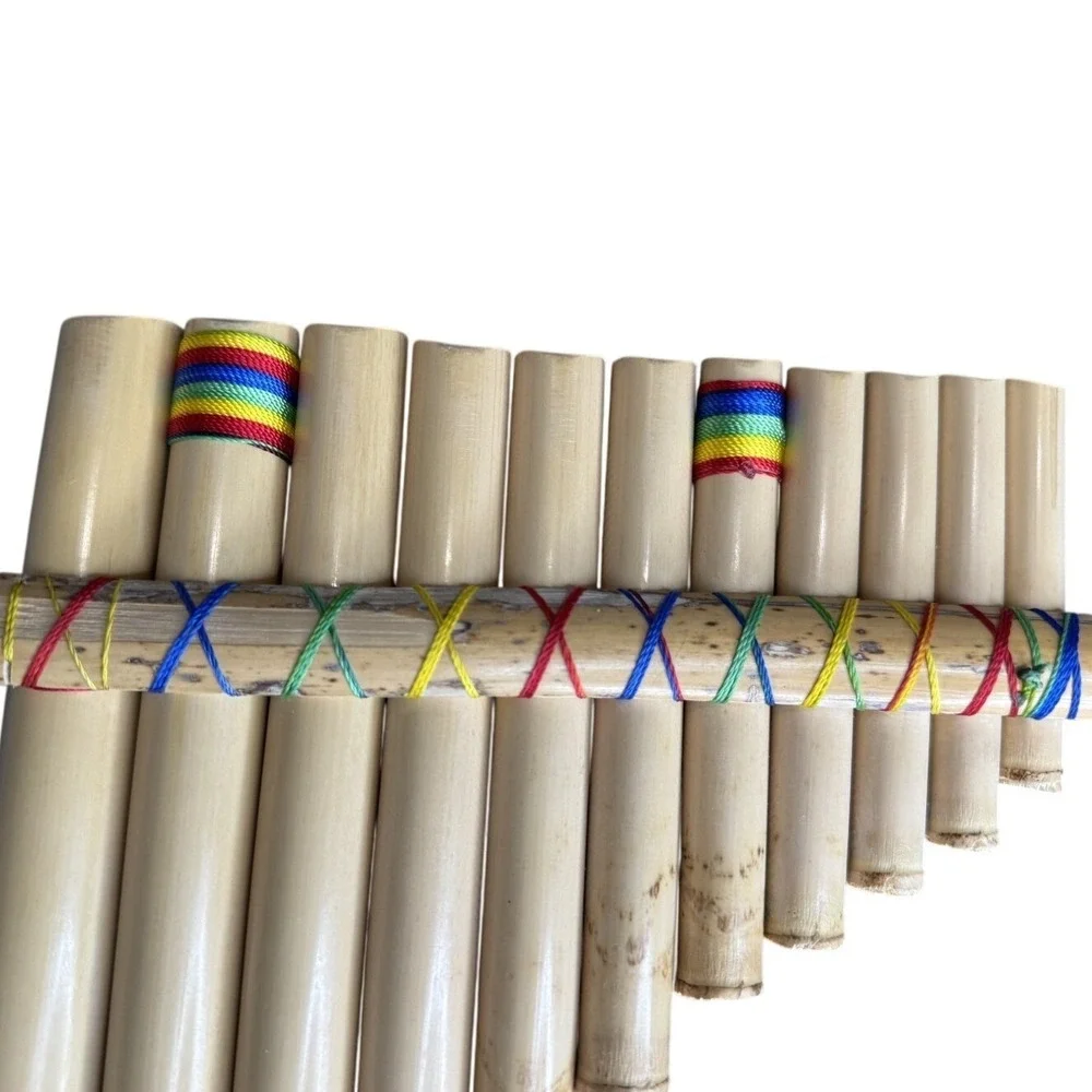 Handcrafted Bamboo Pan Flute 10 Pipe Natural Wood Wind Instrument Rainbow Wrap